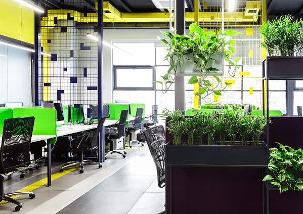 Modern open space office interior with green plants and big windows, panorama